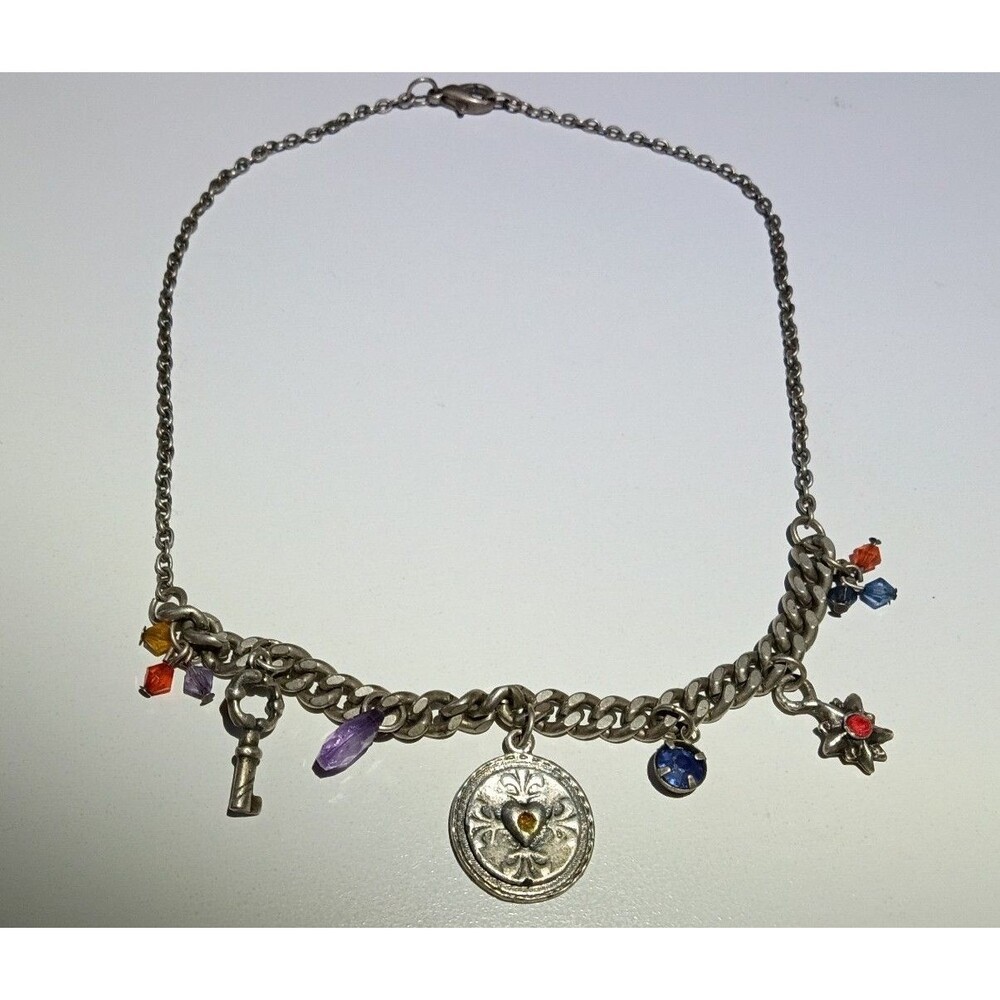 Vintage Silver‑Tone Charm Bracelet–Mixed Charms & Stones–Fleur‑de‑Lis